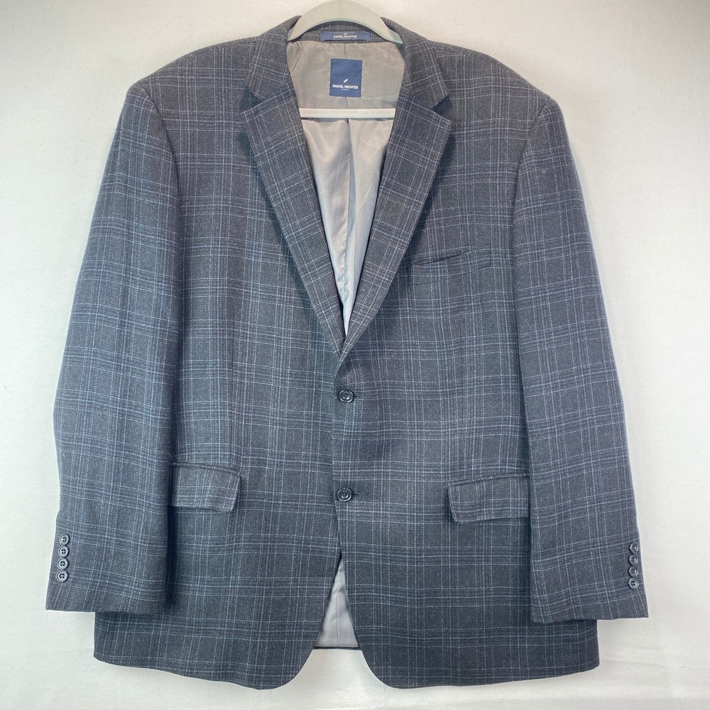 Daniel Hechter Paris Sportscoat Mens 48R Grey Blue Windowpane Wool Bamboo Blazer